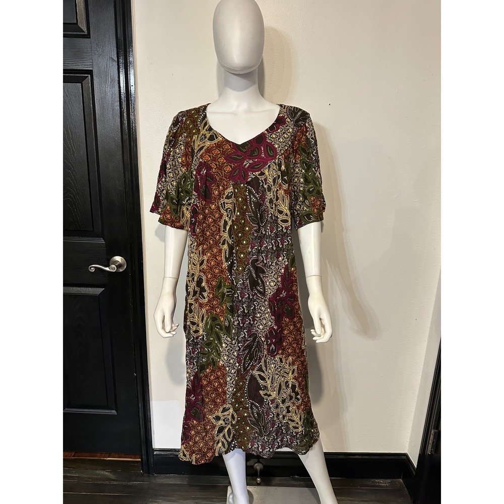 National Womens Cotton Batik Paisley Patchwork V-Neck Midi Dress Brown Multi